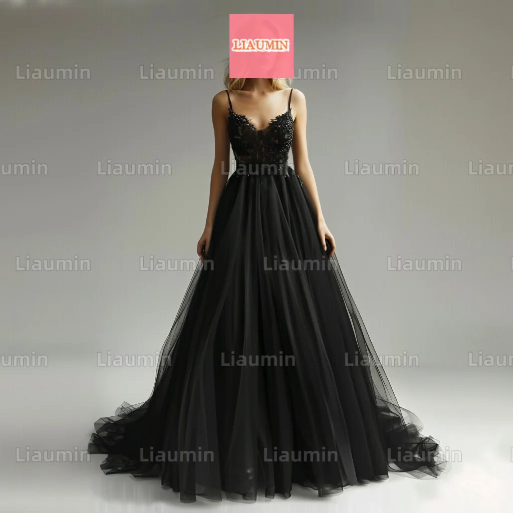 Custom Made Classic Black Tulle With Lace Applique Beading Spaghetti Strap Evening Prom Dresses Full Length Formal W17-1.11