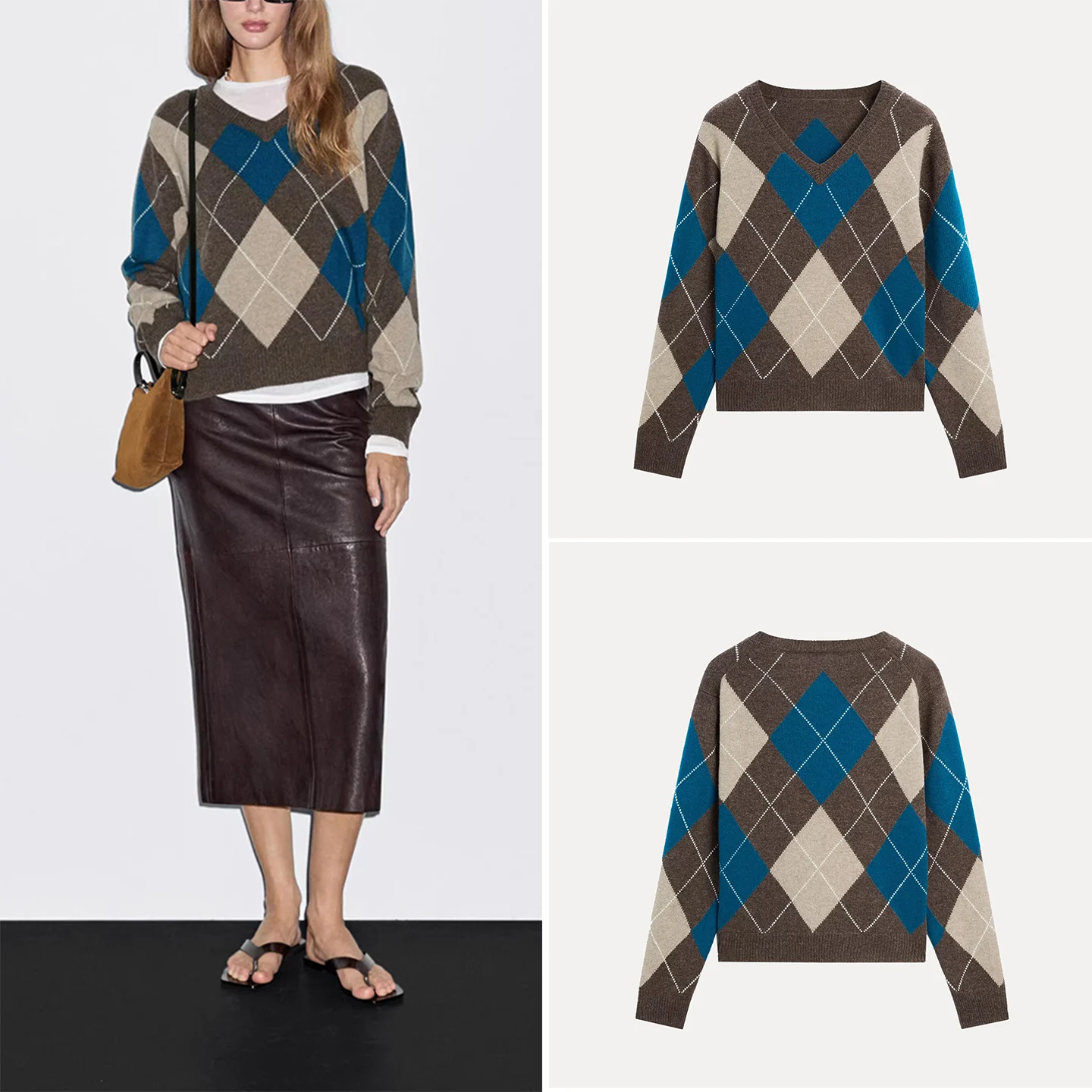 

Faionable Diamond Plaid V-Ne Sweater for Women Autumn New Arrival MD Women's Loose Fit Long Sve Crew Ne Sweater