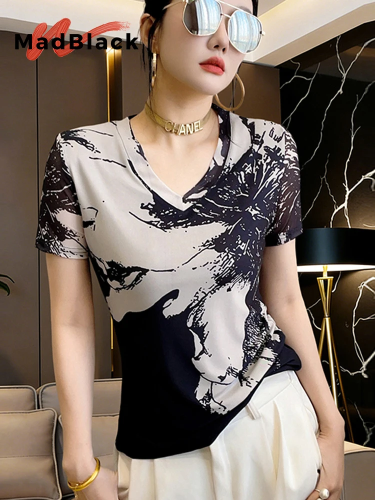 MadBlack-Women European T-Shirt, Sexy V Neck Geometry Print, Fashion Short Sleeve Slim Thin S-3XL Tee, 2026 Summer New T64135CC