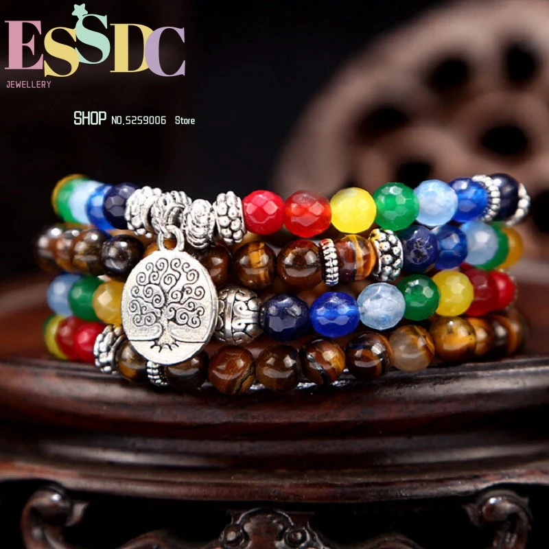 

Fashion 6mm Natural Tiger Eye Beads Energy Chakras 108 Mala Bracelet Tree of Life Charm Yoga Gift Wholesale Jewelry