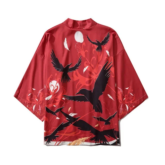 Harajuku Style Japanese Raven Red Floral Kimono Haori Moon Feather Loose 1/2 Sleeve Coat Summer Casual Loose Tops