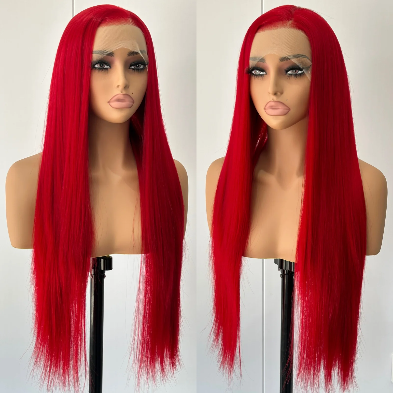 13X4 Wig merah Burgundy panjang lurus sintetis renda depan Wig rambut warna anggur gelap renda Wig Frontal untuk wanita pesta Cosplay