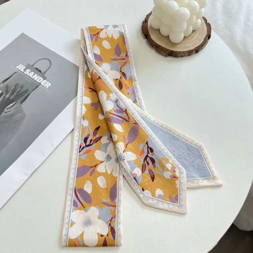 Trendy Versatile Satin Silk Ribbon Scarf Fresh Floral Long Thin Hair Tie Narrow Bag Strap for Women