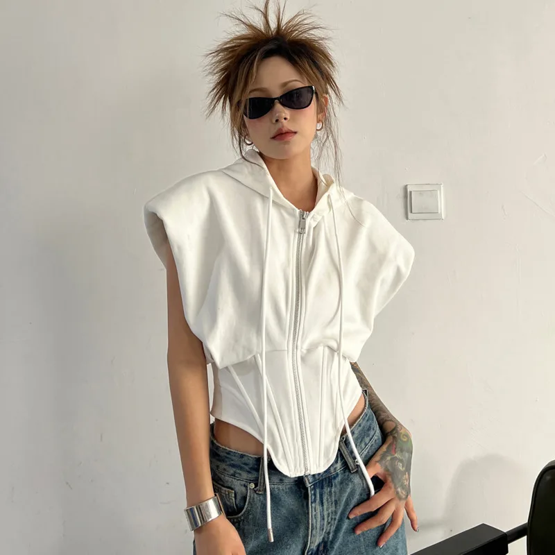 HKSH 2026 Spring Summer New Women Sweatshirt Hooded Drawstring Zipper Sleeveless Waist Cinching Wide Shoulder Trend Tops HK17055