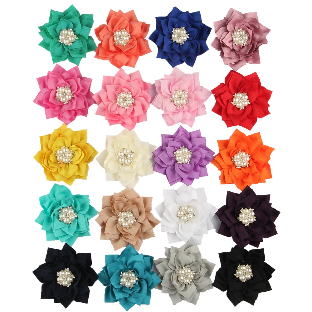 10PCS 7.5CM Handmade Lotu Leaf Fabric Flowers With Pearl Rhinestone edding Party Floral Artificial Chiffon Flowers Boutique