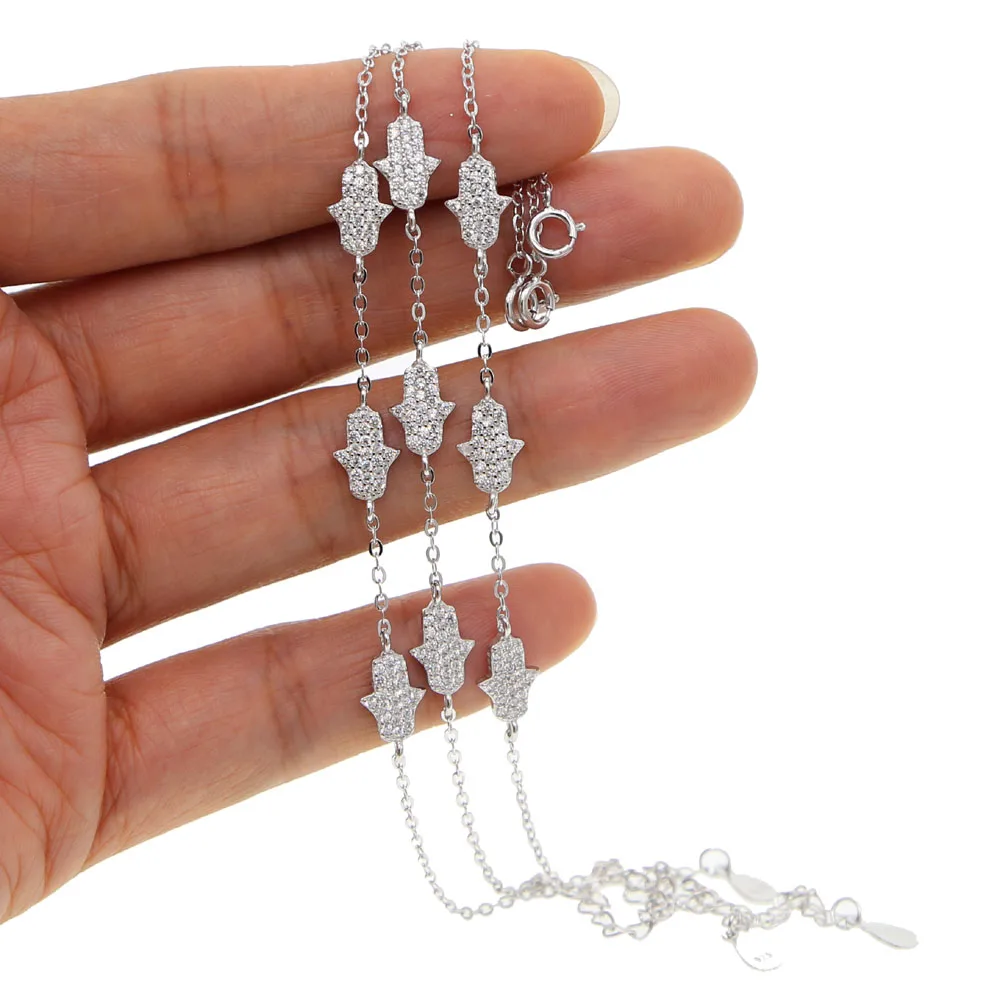 100% 925 Sterling Silver Fatima Hand Hamsa paved AAA cubic zirconia tiny delicate adjustable Bracelets for Women Simple Jewelry