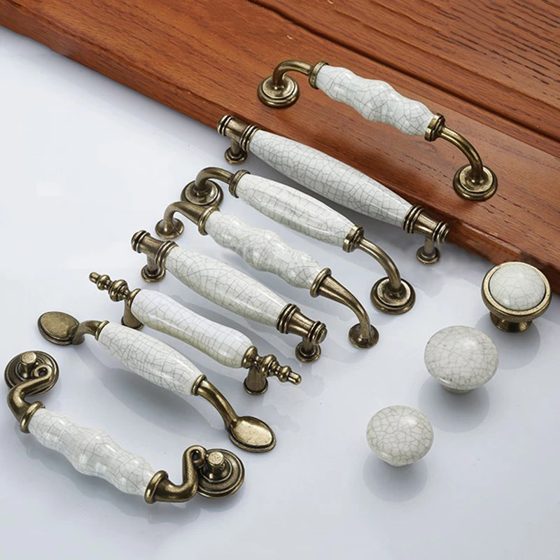 Zinc Alloy Antique Bronze Crack Design Ceramic Cabinet Handles Drawer Knobs Wardrobe Door Handle European Furniture