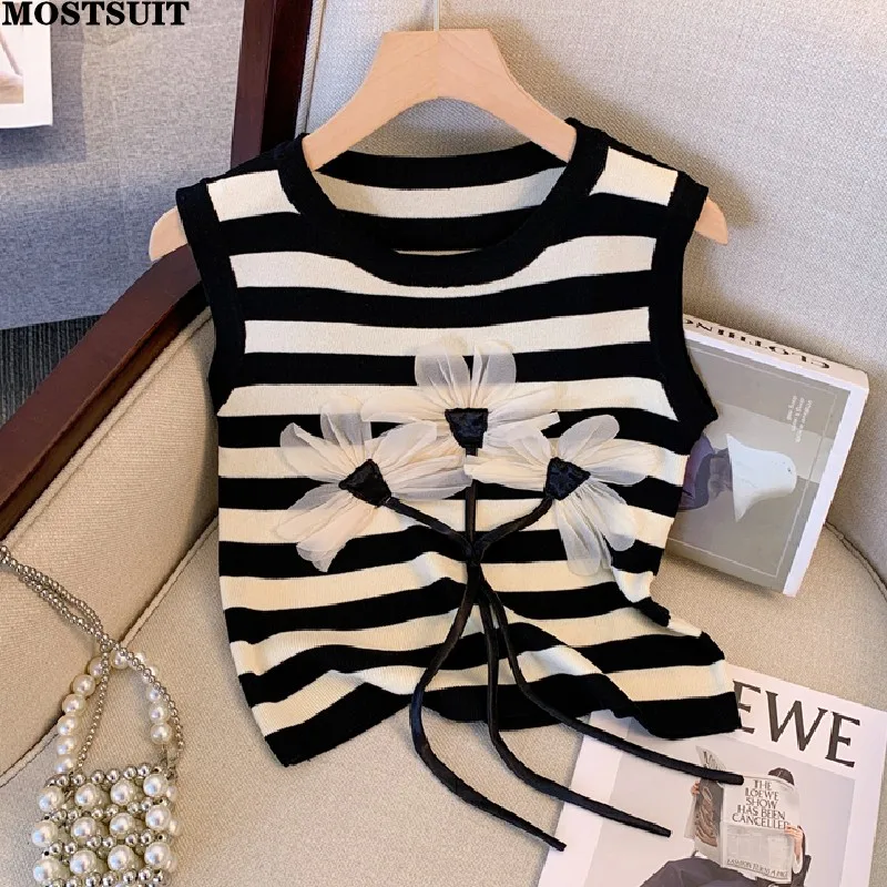 Stereo Flower Striped Slim Knit Vests Women Crop Tops Sleeveless O-neck Stylish Elegant Fashion Chic Ladies Knitwear Jumper 2023