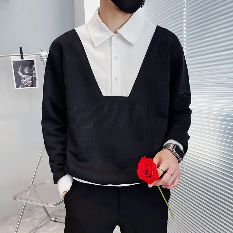 Contrasting Colors Spliced Knitted Pullovers Men's Clothing Turn-down Collar Autumn Winter Fashion Button Casual Loose Sweaters