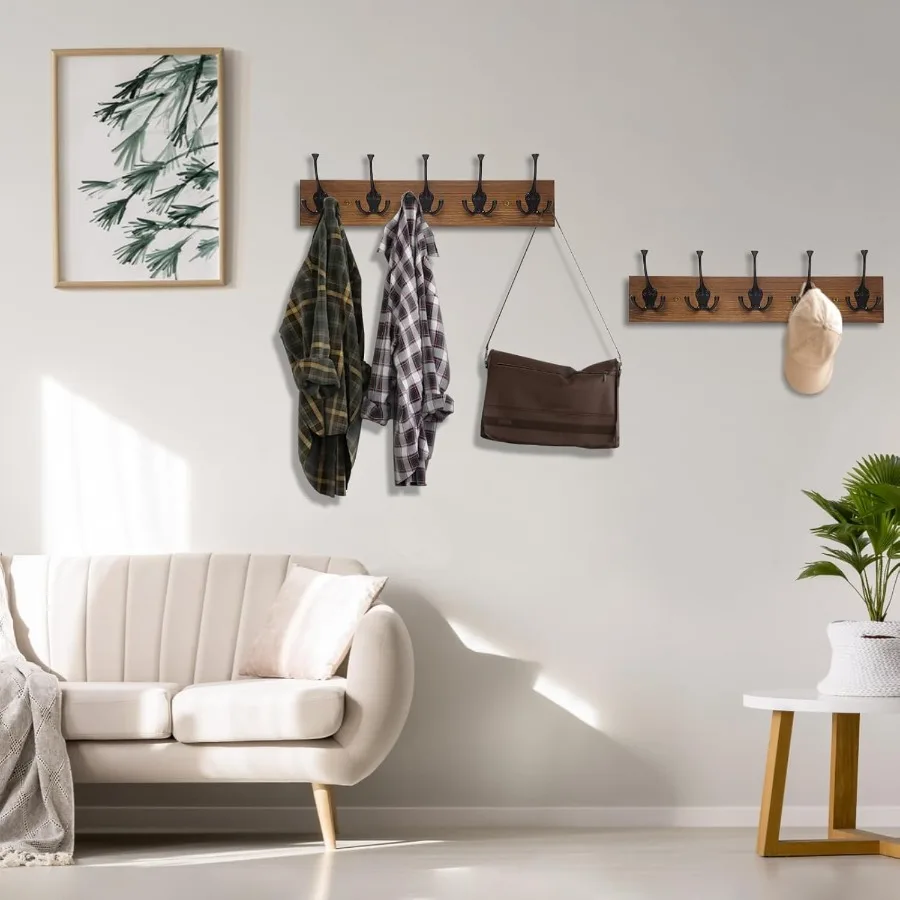 ราวแขวนเสื้อผ้าติดผนังแบบ 2 ชิ้น ขนาด 17 นิ้ว สีไม้เก่า ราวแขวนเสื้อผ้าไม้สไตล์ Rustic พร้อมตะขอโลหะ สำหรับทางเข้าห้องนั่งเล่น