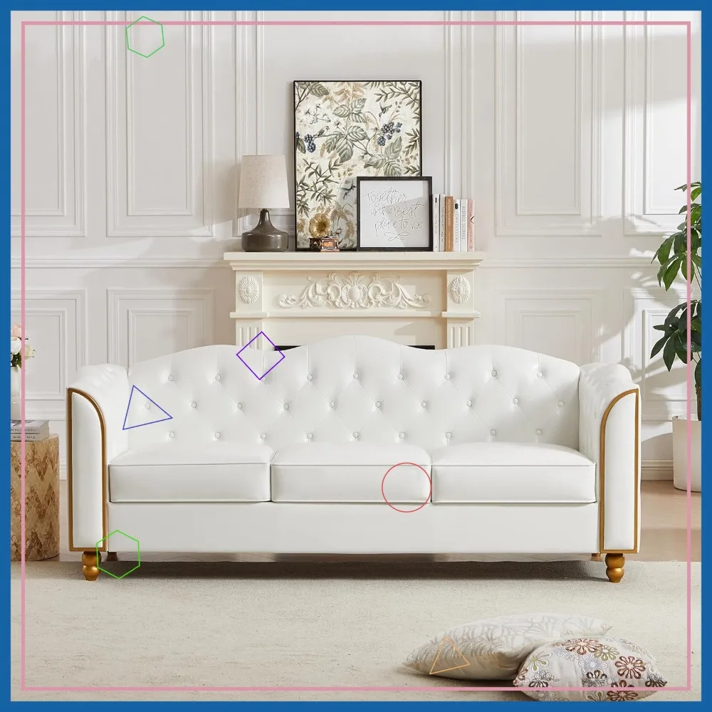 

78-дюймовый белый кожаный диван, 3-местный современный диван с золотой отделкой и ножками из цельного дерева для гостиной