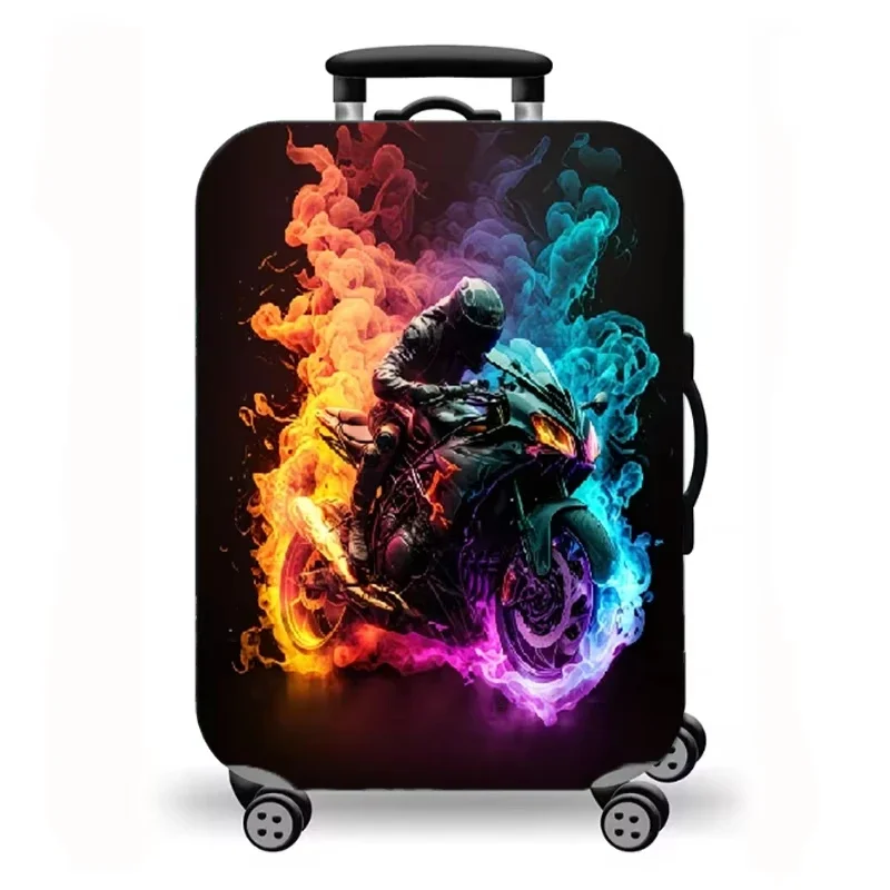 Colorful Flame Motorcycle Rider Print Luggage Cover Elastic Suitcase Protector Dustproof Anti Scratch Travel