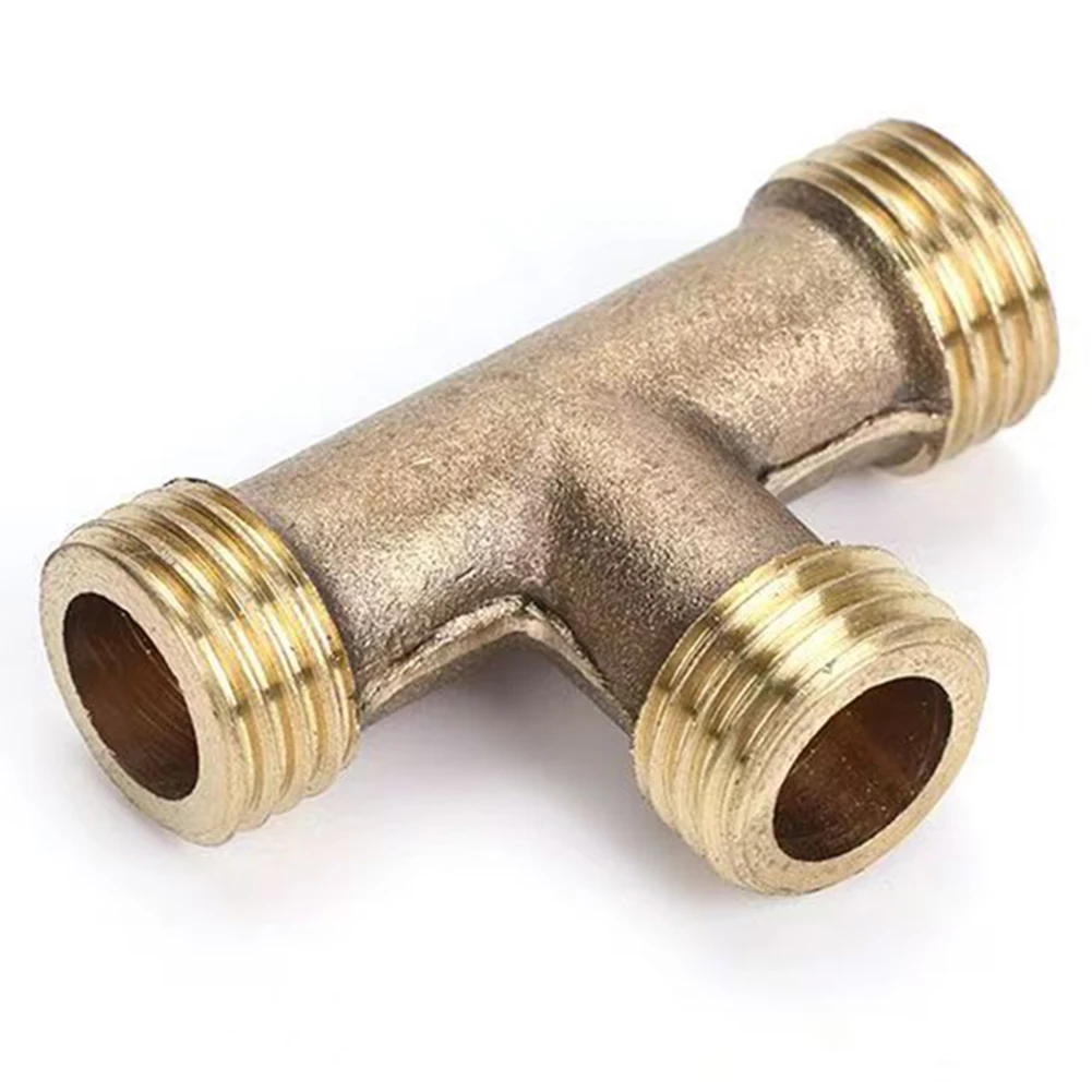 Three Way Brass Adapter For 14mm Garden Hoses With Replaceable Thread Orientation To Support Variable Hose Layouts