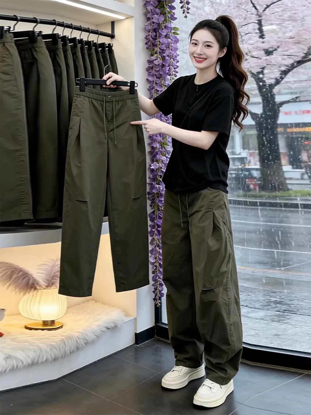 Calças Casuais Plissadas Verdes American High Street, Jeans de Perna Larga com Cintura Elástica e Cordão para Homens e Mulheres
