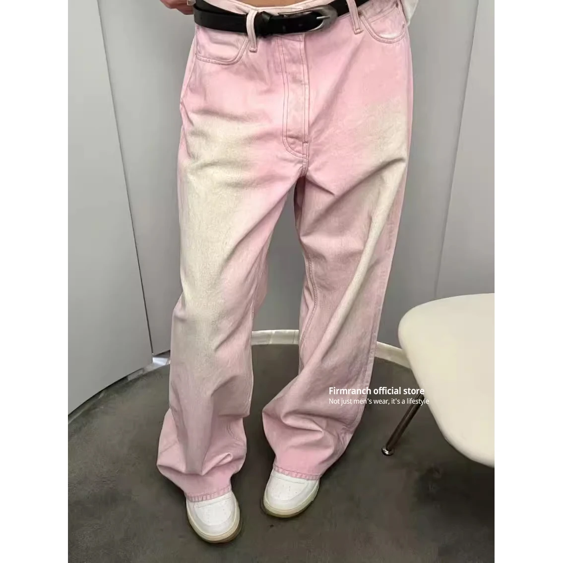 Firmranch New 2024 Gradient Pink Jeans Both For Men/Women High Street Loose Straight Stacked Jeans Chic Baggy Denim Pants