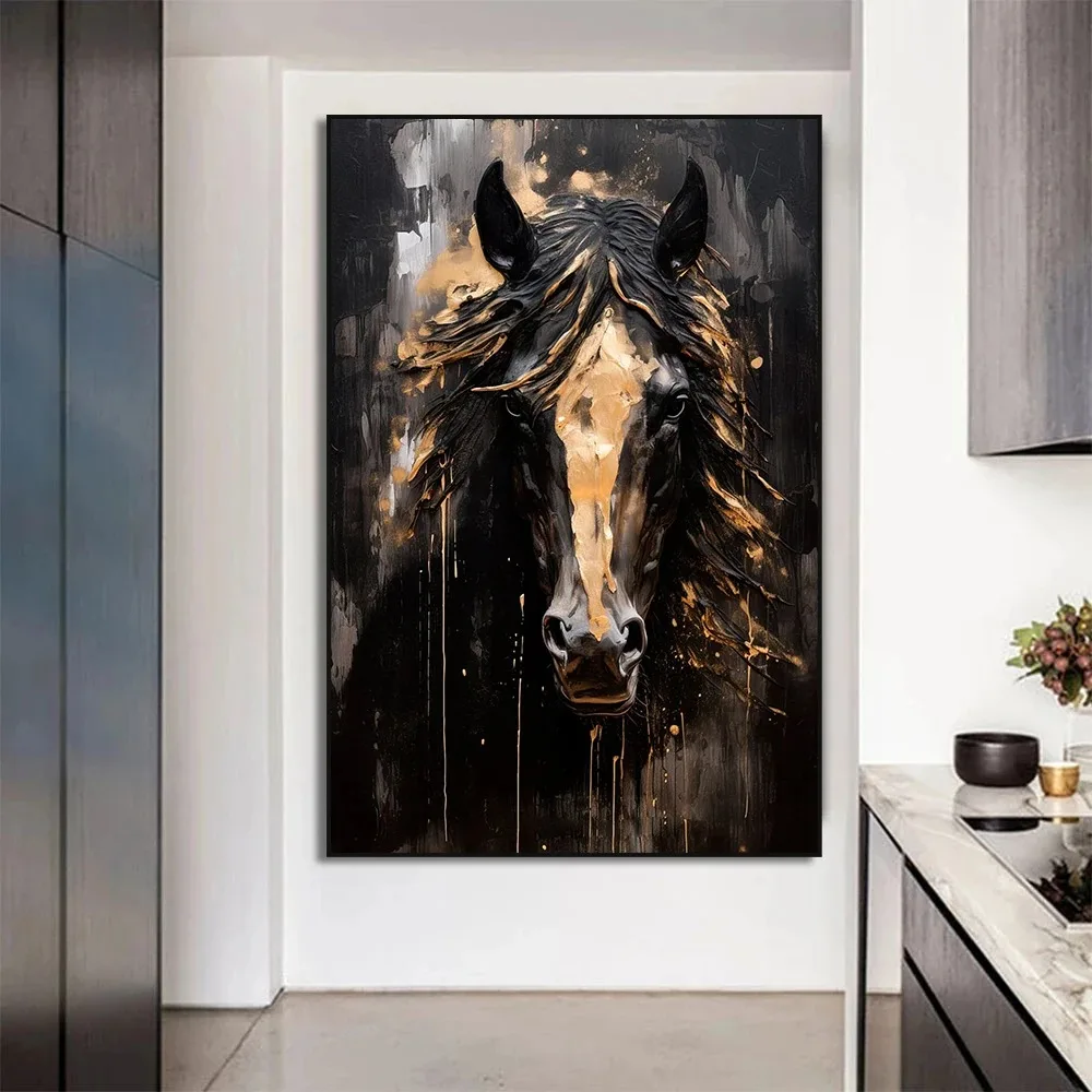 قماش اللوحة طباعة جدار الفن بارد الحيوانات البرية الحصان المشارك الأسود الحصان البني الحصان صورة الفروسية مكتب غرفة ديكور المنزل #4