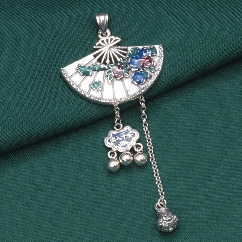 Ethnic 925 Sterling Silver Fan Shape Long Tassel Pendant Necklace Retro Enamel Money Bag Ruyi Lock DIY Material Jewelry Making