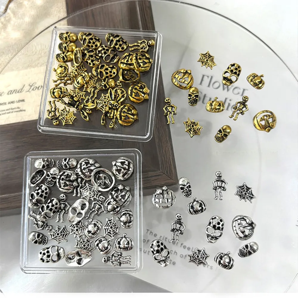 30pcs Silver/Gold Skull Skeleton Spider Web Pumpkin Nail Gem 3D Metal Alloy Halloween Nail Charms Flatback Punk Nail Art Supplie