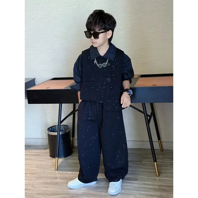 3 PCS set Autumn Spring Boy Black TShirt+Pants Shorts+Vest Kid Children baby Gentleman Handsome Streetwear Party Wedding Clothes