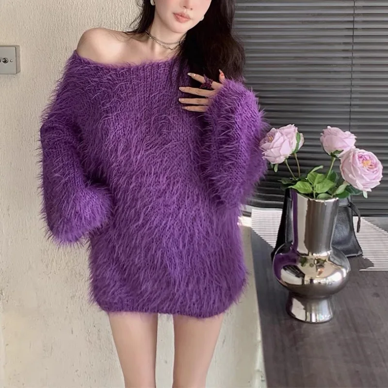 Women's Autumn Winter Faux Mink Hair Fuzzy Loose Long Sweater Lady Casual Solid Collar Pullover Long Sleeve Jumper