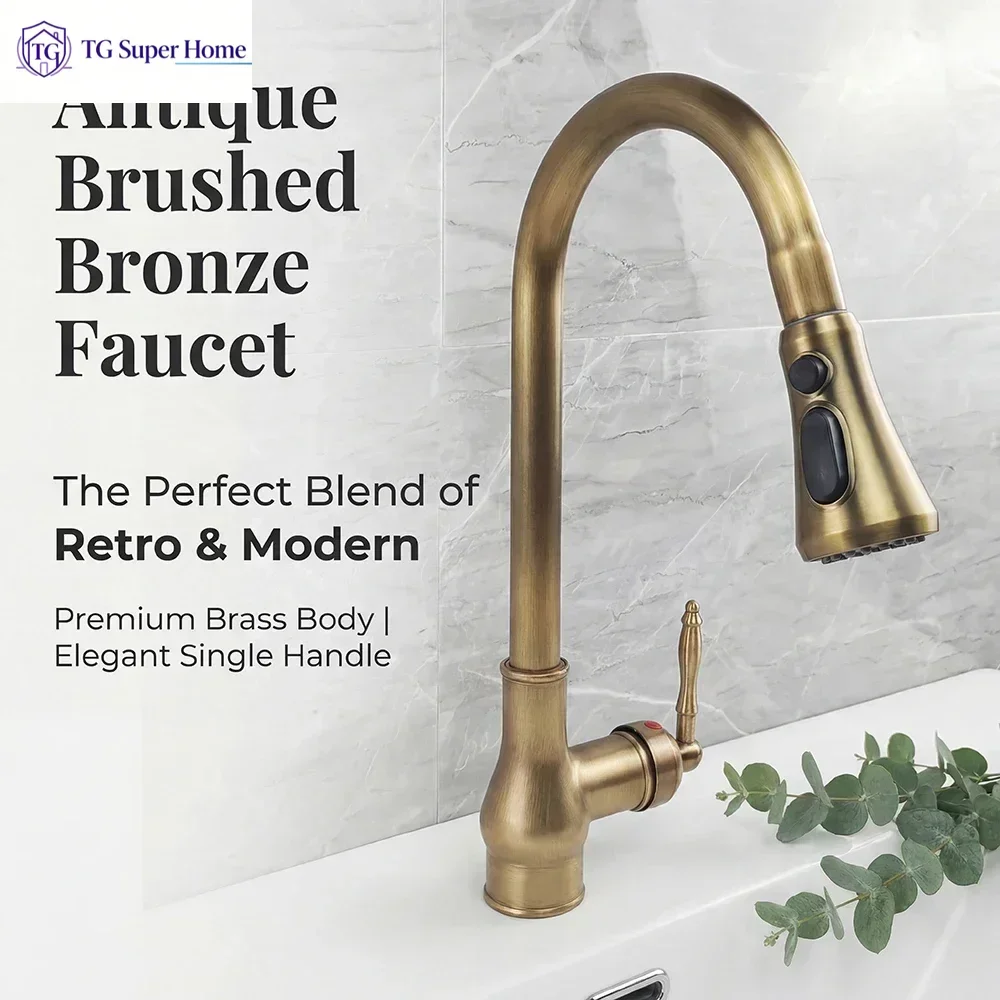 Bronze Pull-Out Kitchen Faucet Full Copper Craft Cold And Hot Faucet Retractable Spray Head Multi-Mode Water Output Durable Leak