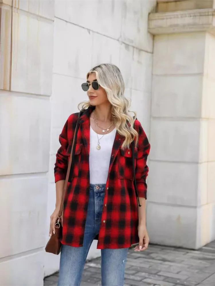 Autumn Winter New Women's Hooded Elastic Band Long Sleeved Fashionable Plaid Shirt With Pockets And Brushed Woolen Coat