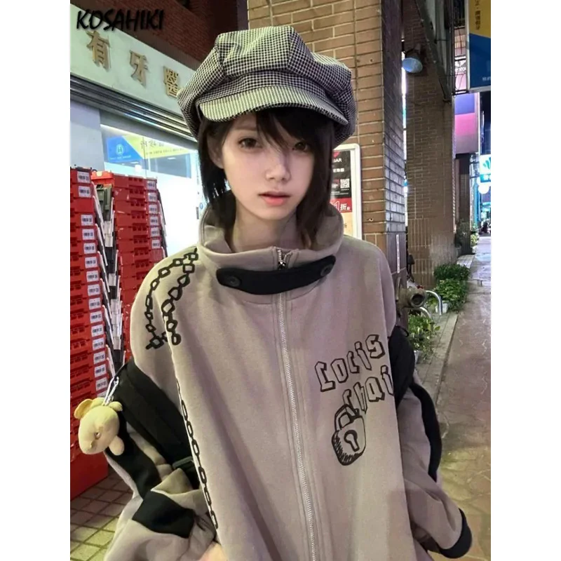 

Vintage letter print sweatshirt half turtleneck oversized streetwear coat Y2K aesthetic casual Harajuku grunge zipper hoodies