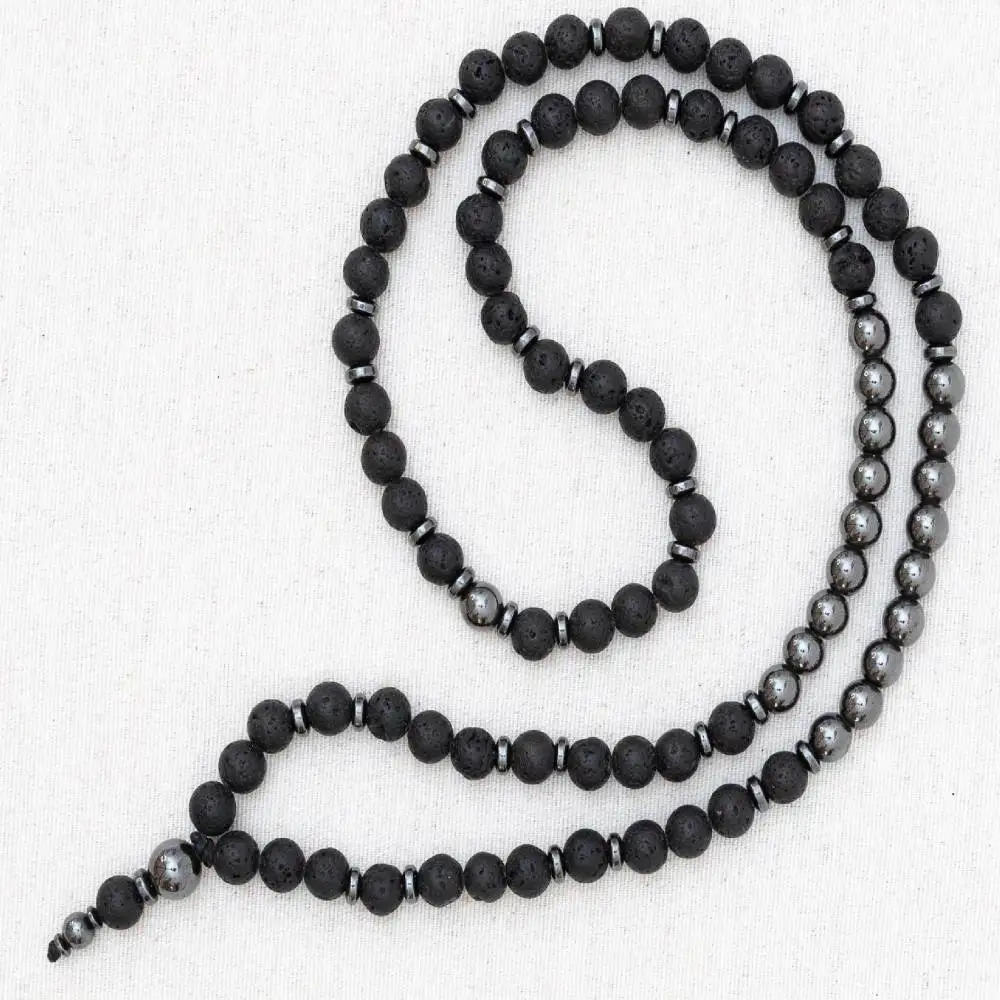 

Natural Lava Rock 108 Beads Mala Necklace with Hematite Accent Spiritual Meditation Jewelry