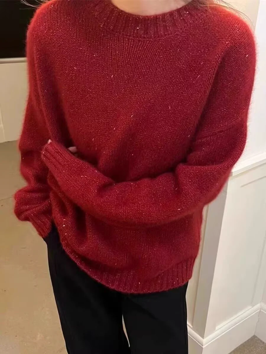 2025 New 100% Merino Wool Sweater Women O-neck Long Sleeve Pullover Spring Autumn Basic Pure Color Knitwear Soft Comfort Tops