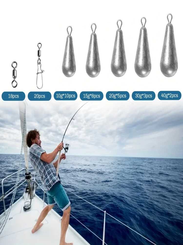 Ensemble de connecteurs à pression pivotants et plombs de pêche, 66 pièces, poids de plomb multi-modèles et pression à baril pivotant en acier au carbone