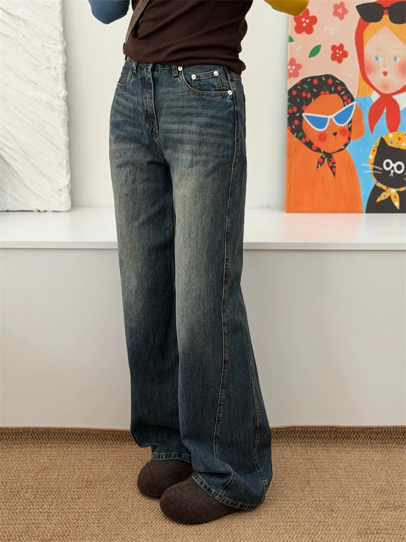 

Модные ретро-джинсы с эффектом потертости, широкие штанины, женские, осенне-зимние, хлопковые, с застежкой на пуговицах, для повседневной носки