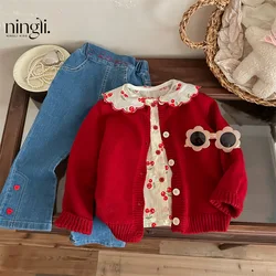 Autumn Kid Girl 3PCS Clothes Set Cotton Cherry Printed Shirts Solid Knitted Sweater Coat Stretch Jeans Suit Toddler Girl Outfit