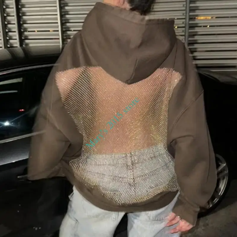 E15F 여성 캐주얼 크리스탈 메쉬 백 까마귀 경량 루즈 긴 소매 풀오버