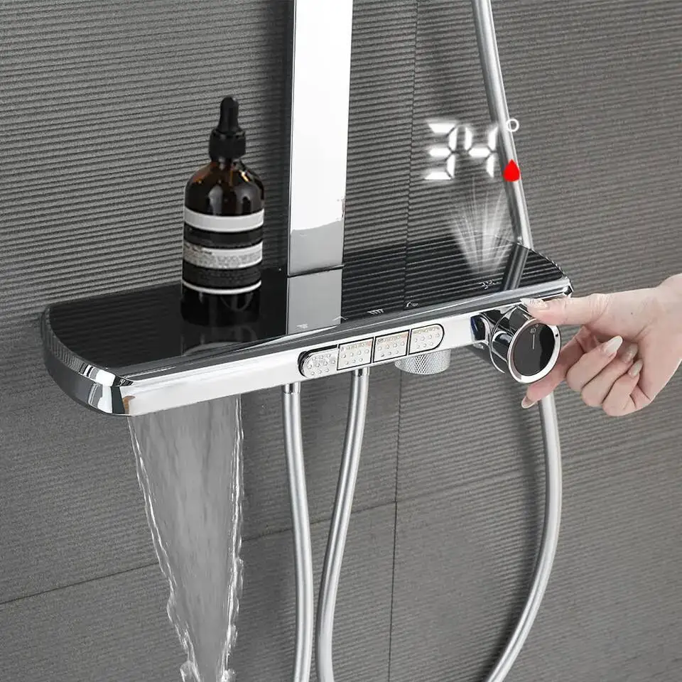

Bathroom Waterfall System Digital Temperature Display Bathtub Set Rainfall Hot And Cold Mixer Shower Faucet
