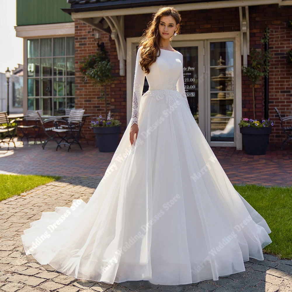 Suknie ślubne damskie w stylu romantycznym A-line z długim rękawem, skromne, długość do podłogi, na bankiet, Vestidos Para Mujer, możliwość personalizacji, 2026