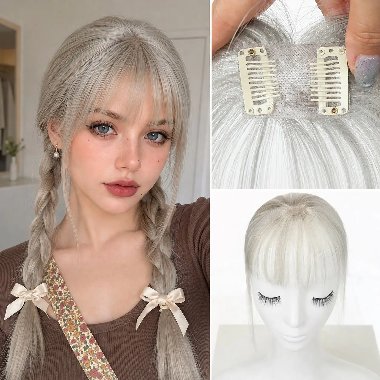 100% Human Hair Clip In Bangs Wispy Fringe Extensions With Side Temples Silver Blonde Hairpiece 2 Clips Face Framing