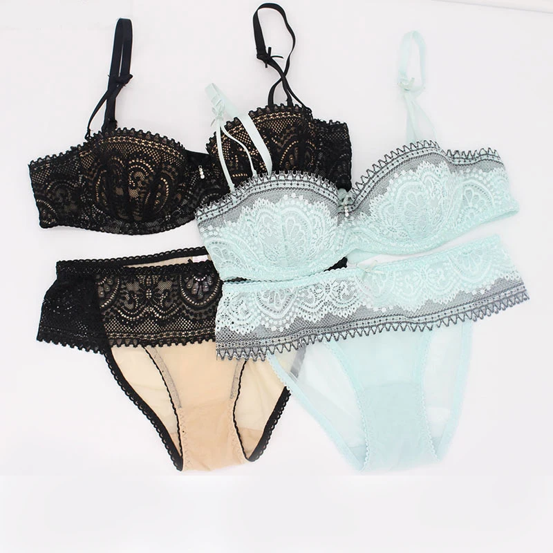 Elovegirl French Luxury Sexy Lace Underwear Set 1/2 cup Ultra Thin Bra Set Sexy Women Comfortable Lingerie Panties Sets