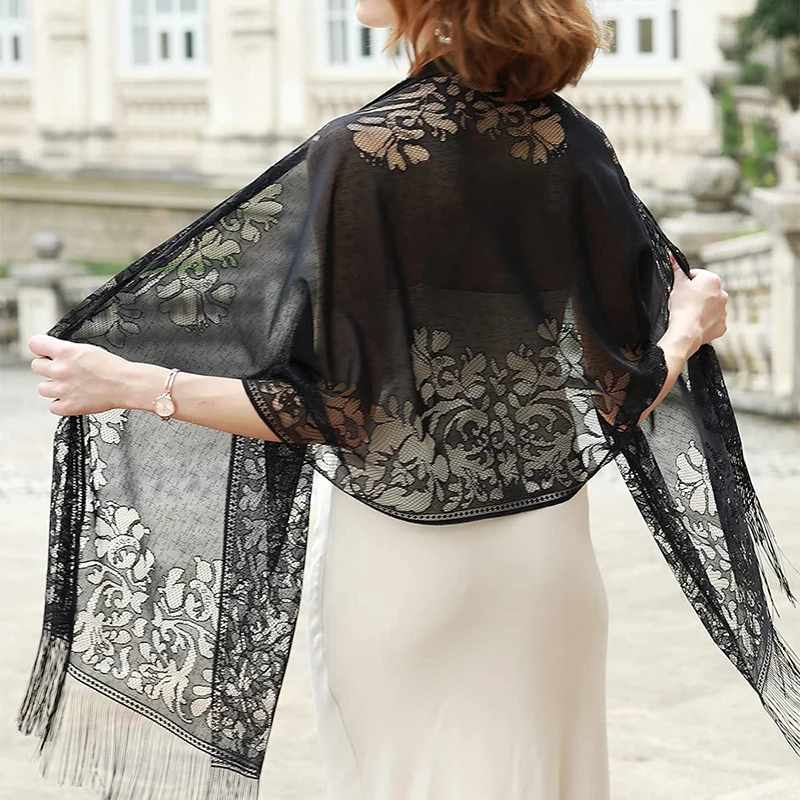 

Elegant Lace Scarf for Women Tassel Trimmed Summer Sunscreen Shawl Lightweight Party Wedding Poncho Boho Chic Beach Cover Up