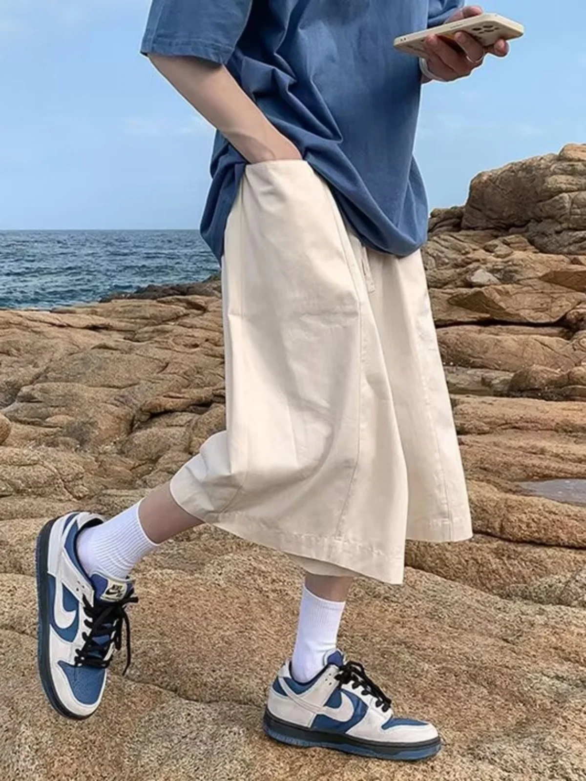 

Retro American Seven-Foot Men's Casual Pants Summer Thin Knee-Length orts Loose Straight Leg Casual Trousers for Teens