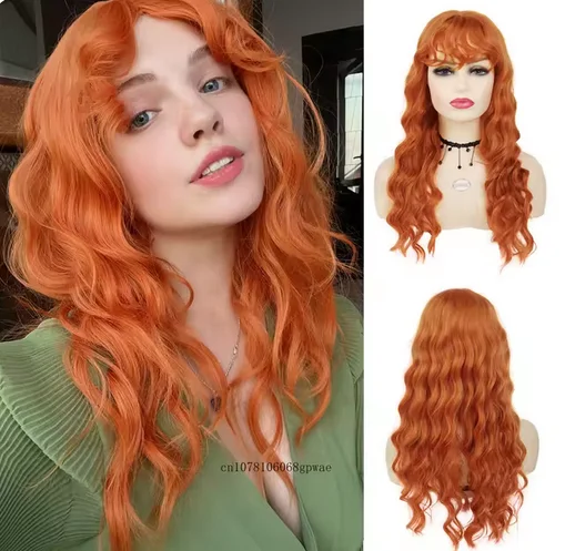 Orange Wigs for Women Synthetic Curly Hair Long Water Wave Wig with Bangs Korean Style Cosplay Costume Halloween Party Lolita