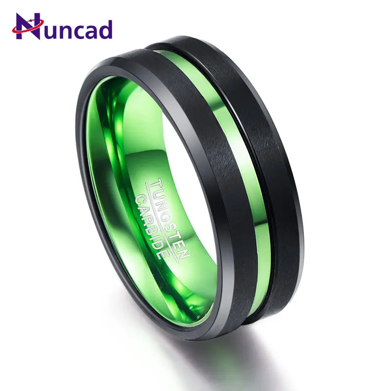 NUNCAD Men\'s Black Matte Finish Tungsten Carbide Ring Green Center Groove Polished Beveled Edges Comfort Fit Size 6-16