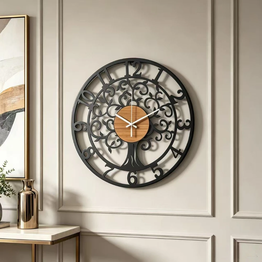 16 Inch Elegant Life Tree Iron Metal Wall Clock Silent Non-Ticking Home Decor Unique Design Living Room Bedroom Art Wall Watch