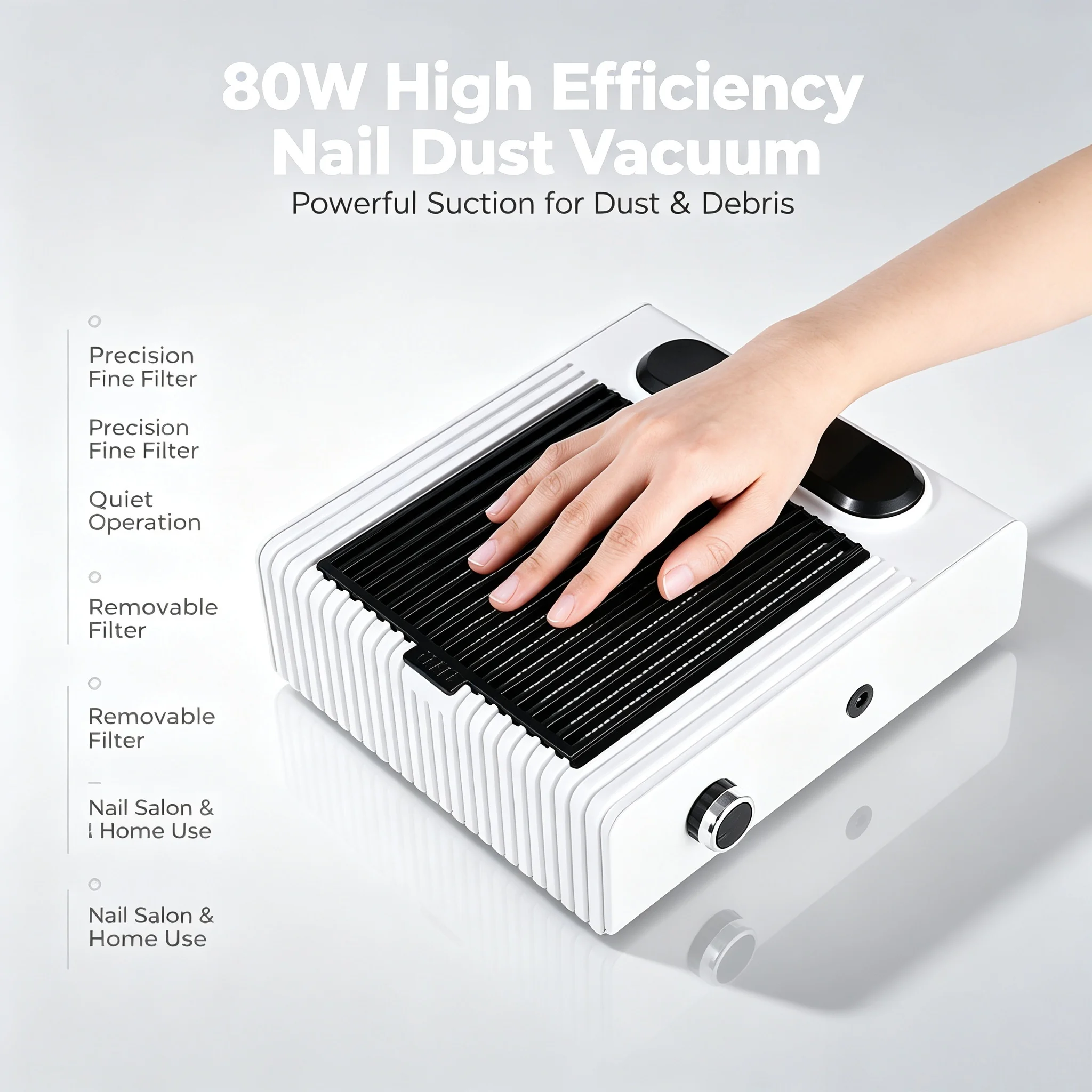 80W High Efficiency Nail Dust Vacuum, Powerful Suction for Dust & Debris, Precision Fine Filter, Quiet, Removable Filter