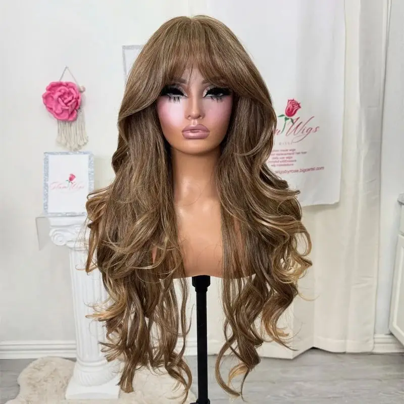 

Термостойкие синтетические волосы бесклеевые парики Ombre карамельно-коричневый HD парик фронта шнурка с челкой вечерние повседневные парики для косплея для женщин