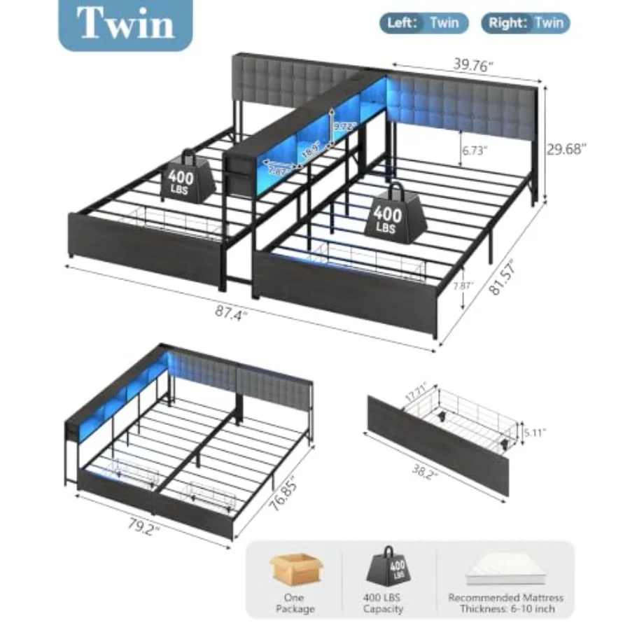 Twin Size Bed Frame for 2 with Storage Bookcase Divider and LED Lights
