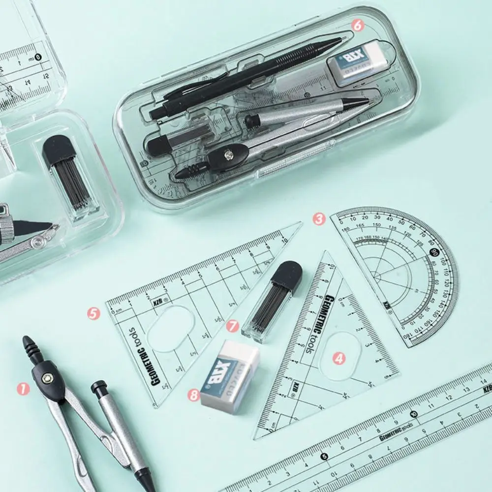 8Pcs/Set Multifunctional Drawing Compass Ruler Kit Portable Compact Math Measuring Tool Precise with Box Student Stationery