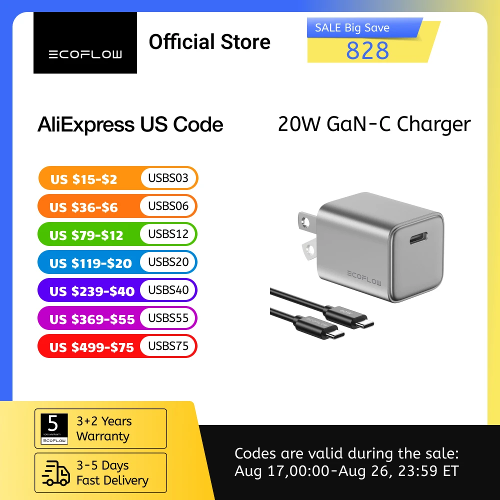 ECOFLOW USB C Charger, Rapid 20W/30W/65W GaN Type C Charging Block with Foldable Plug, Compatible with iPhone((USBC Cable Inclu)