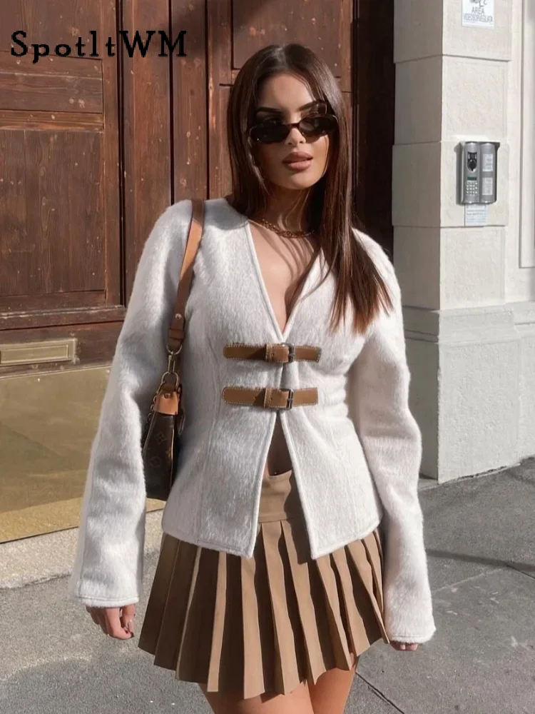 

Solid Waistband V-neck Slim Cardigan Jacket For Women Fashion Chic Long Sleeve Short Coat 2024 Autumn Female Sexy New Streetwear