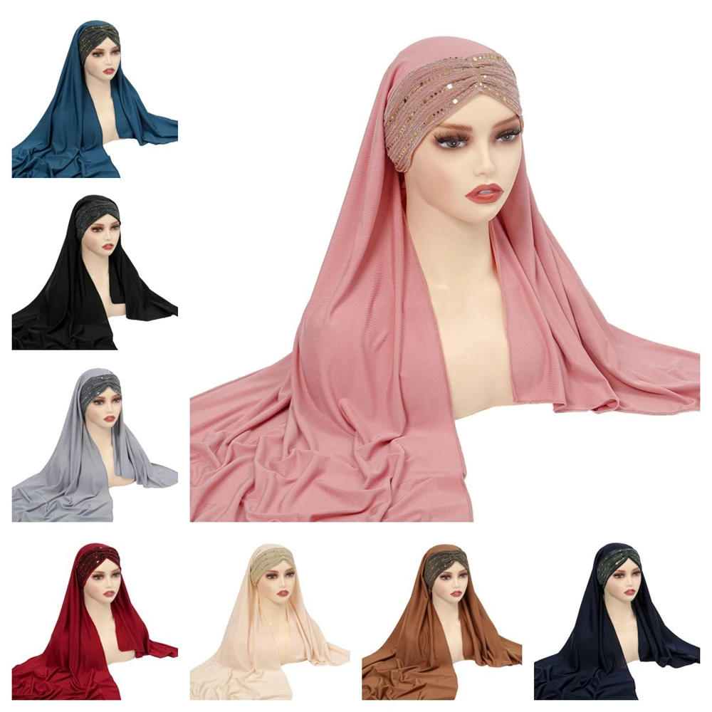 

Sequin Instant Hijab Cross Forehead Muslim Women One Piece Amira Cap Turban Shawl Islamic Stole Bandana Foulard Scarves Headwrap