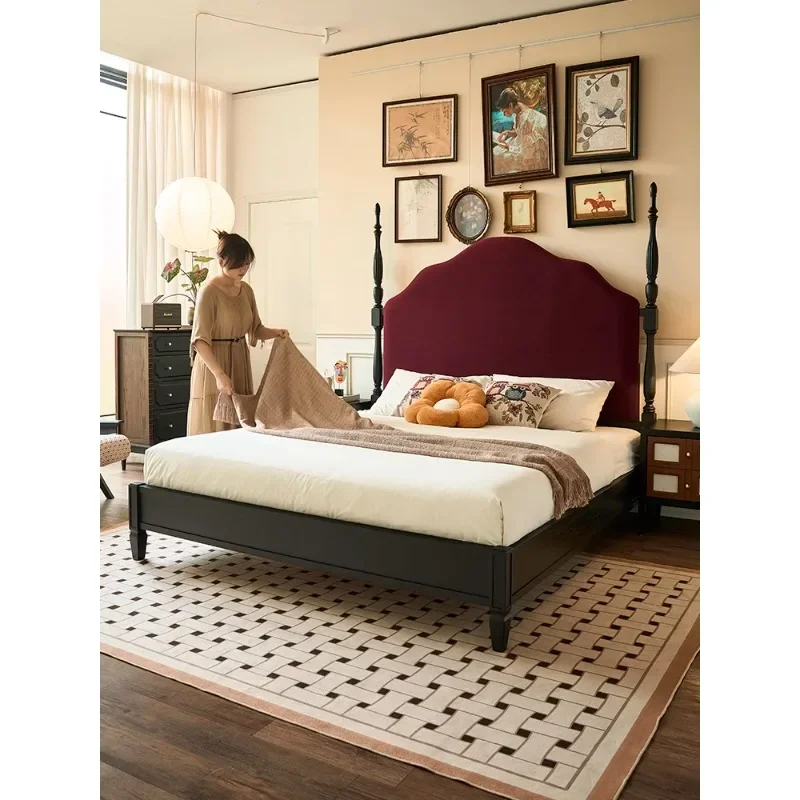 French retro bed solid wood bed 1.8 meters double small apartment soft high backrest large